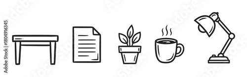 A set of hand-drawn doodle icons representing a workspace, including a desk, document, potted plant, steaming coffee mug, and an adjustable lamp in a simple black outline style