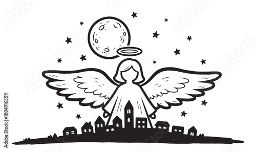 A hand-drawn black and white illustration of a guardian angel with a halo and large wings floating over a small village silhouette under a starry night sky with a full moon