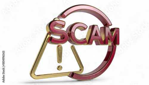 Polished Ruby Red SCAM Sign with Gold Warning Triangle isolated on transparent background. 3D Hyper-Realistic Fraud Alert Symbol. Elegant Cautionary Warning Sign Icon.