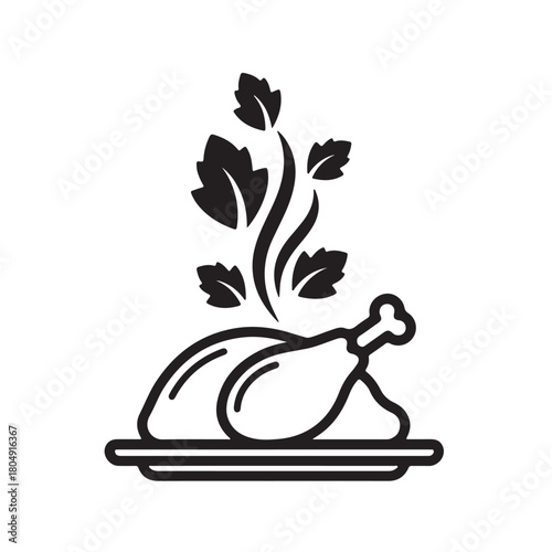 A simple black and white illustration of a roasted chicken on a platter