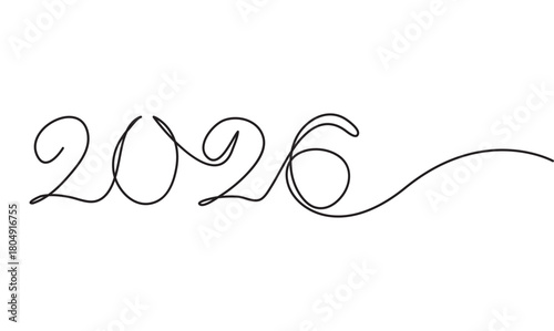 2026 New Year Continuous Line Drawing on White and Black. Continuous Line 2026 New Year Typography Art Minimalist Design