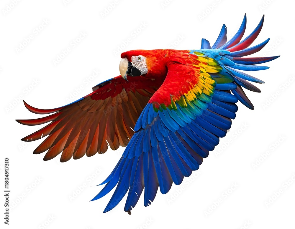 Obraz premium A vibrant, colorful parrot takes flight, its wings outstretched against a plain white background, showcasing its plumage