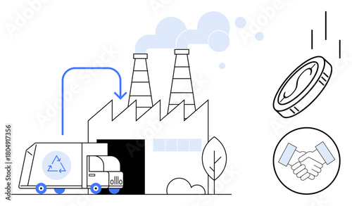 Recycling truck unloading waste into factory, smoke chimneys releasing emissions, coin symbolizing profit, handshake for partnerships. Ideal for sustainability, recycling, profit, teamwork