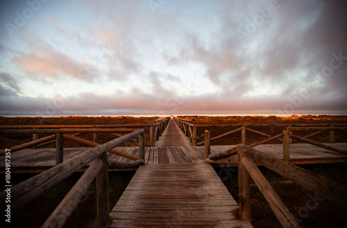 Wooden boardwalk, Zahara de los Atunes, Cadiz at sunrise