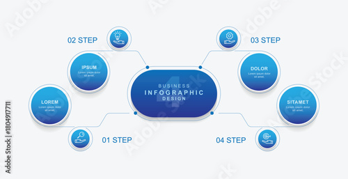 Diagram infographic template vector element with 4 step line and circle with blue gradient color suitable for business information, data presentation, workflow layout and web graphic design.