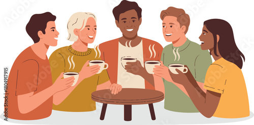 Diverse Group Friends Enjoying Coffee Together Casual Gathering People Drinking Hot Beverages and Talking Illustration on Transparent Backdrop