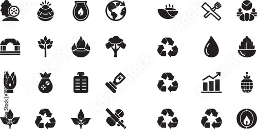 Set of Black Silhouette Environmental and Business Icons on White Background