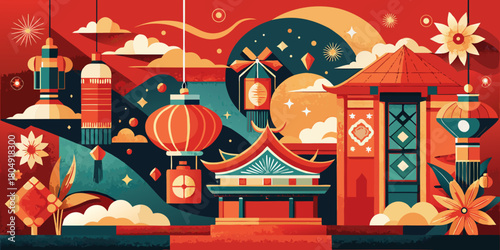 Happy birthday party card with traditional red oriental lanterns and ancient temple architecture from Asia
