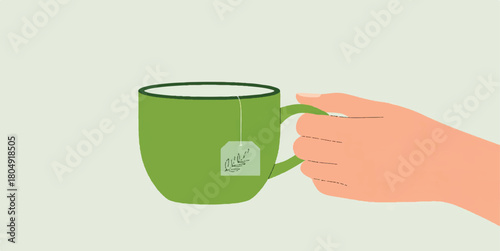 tea, mug, cup, hand, holding, green, beverage, hot drink, tea bag, herbal, morning, break, pause, relaxation, comfort, drinkware, coffee, flat illustration, vector, cartoon, graphic, healthy, detox, w