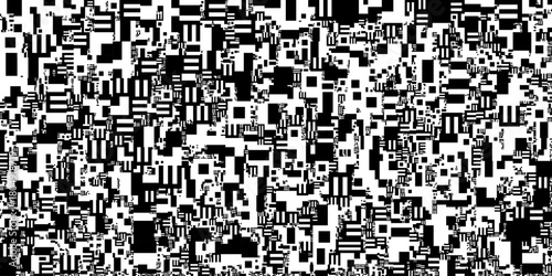 A chaotic black and white pattern fills the frame with dense, randomly arranged geometric shapes, bars, and blocks, creating a striking abstract texture reminiscent of digital noise or data glitch.