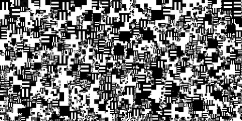 An intense black and white digital glitch fills the frame with fragmented bars, blocks, and jagged patterns, creating a chaotic abstract texture of corrupted data and visual static disruption.