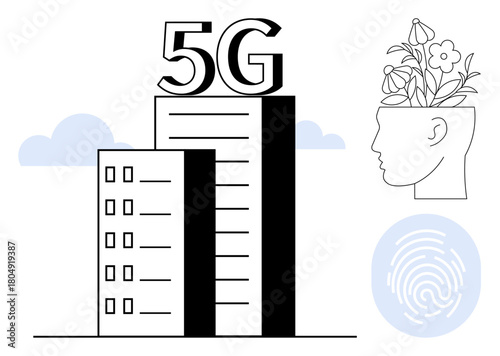 Buildings marked with 5G, fingerprint, and head growing flowers. Ideal for tech, innovation, environment, connectivity, individuality data security and creative thinking. Simple flat metaphor