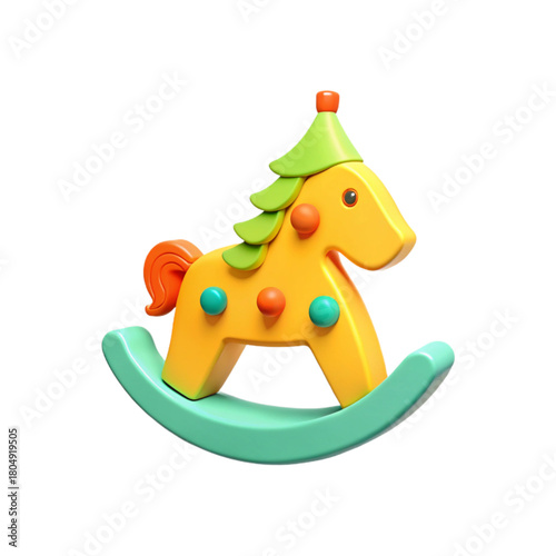 Yellow rocking horse toy with green saddle and orange details on curved teal base in festive 3D style.