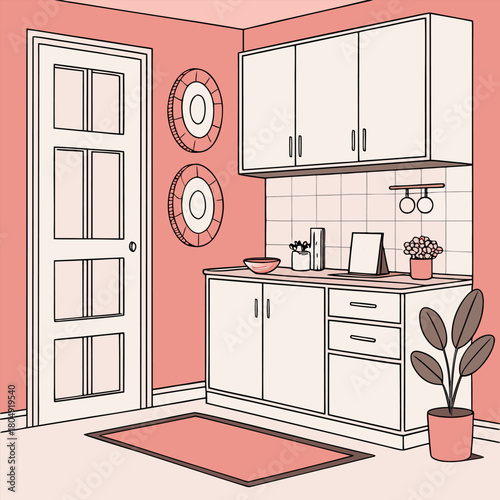 Calm pastel kitchen with sky-blue hood, cream cabinets and warm sunlight in clean flat 2D vector design
