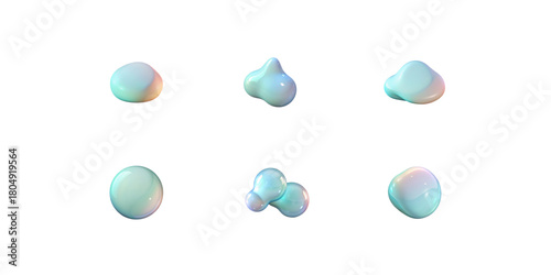 Soft, rounded abstract shapes with a glossy, pearlescent finish. Each form varies slightly in contour, resembling small bubbles or organic droplets with subtle pastel highlights.