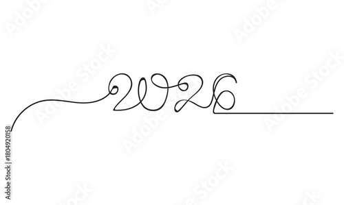 2026 New Year Continuous Line Drawing on White and Black. Continuous Line 2026 New Year Typography Art Minimalist Design
