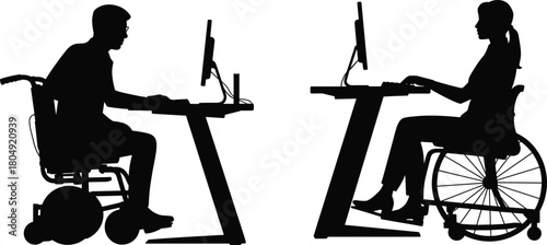 Silhouette of man and woman in wheelchairs working on computers at desks, concept of accessibility and inclusion