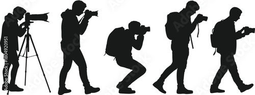 Silhouette of photographers with cameras and tripods in different shooting poses isolated on white background for design and creativity