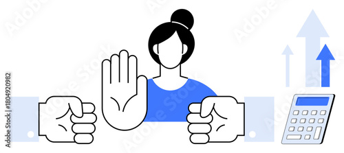 Woman raising hand to stop conflict or aggressive action, surrounded by fists, calculator, and upward arrows. Ideal for negotiation, leadership, business ethics, empowerment, conflict resolution