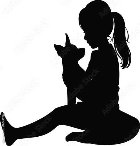 Silhouette of young girl sitting with her dog, tender bonding moment, friendship love pet companionship illustration vector graphic