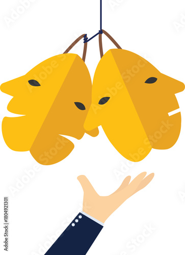 A businessman chooses a mask with emotions, showing miraculous transformation and skills to control his own mood, stock illustration

