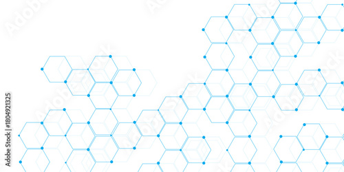 Molecular structure abstract tech background. Geometric blue background. Vector banner design with hexagons. Science network pattern, connecting lines and dots Medical background, Vector illustration	
