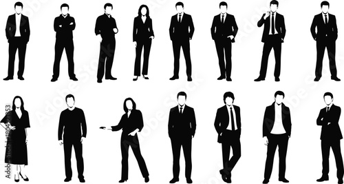 Silhouettes of professional business men and women standing posing and gesturing in corporate attire for workplace design projects