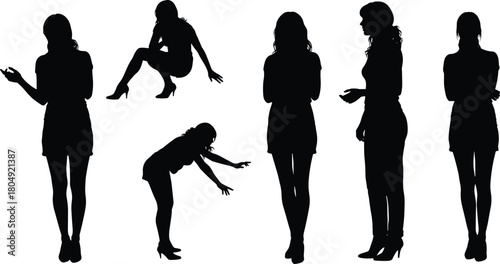 Silhouettes of women posing, standing and crouching in expressive gesture positions for design, illustration, creative artwork and presentation projects