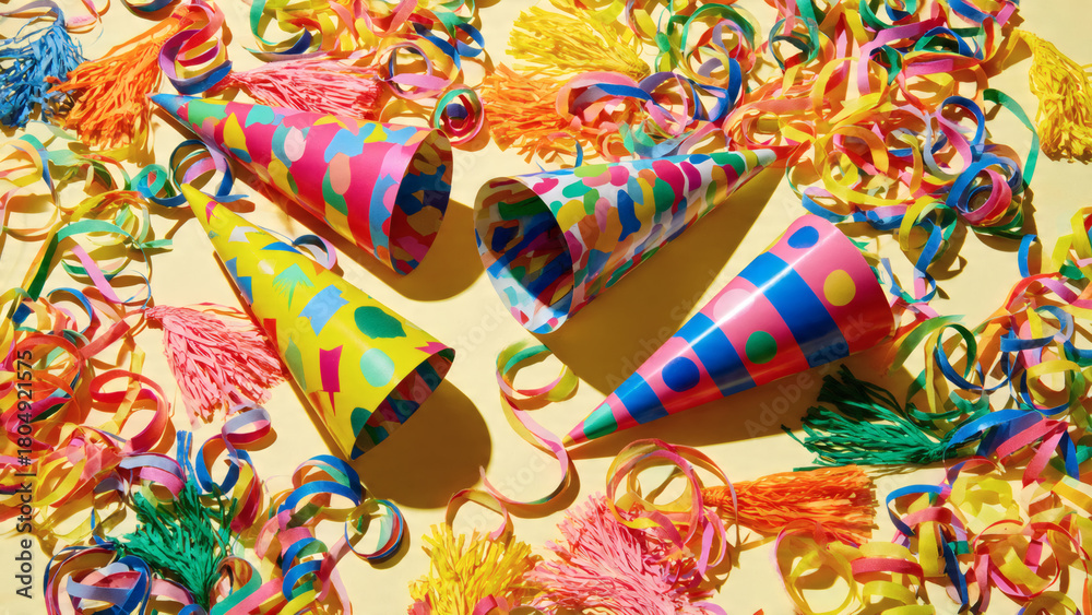 Fototapeta premium A playful and vibrant top-down close-up of scattered colorful party hats and festive streamers, creating a joyful and energetic atmosphere for any celebration