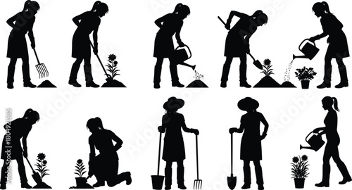 Woman gardening silhouette set with tools, planting flowers, watering plants, digging soil, floral care activities, vector illustration collection
