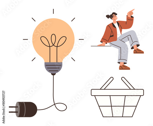 Woman sitting and pointing upwards paired with light bulb and shopping basket. Ideal for creativity, innovation, energy, shopping, marketing, business ideas, lifestyle. Simple flat metaphor