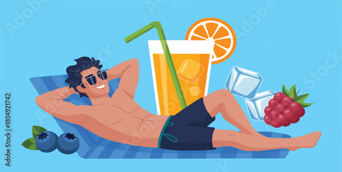 Summer Relaxation Illustration: Man Sunbathing on Beach with Fresh Orange Juice, Ice, and Berries - Tropical Holiday, Vacation, and Leisure Flat Vector Graphic