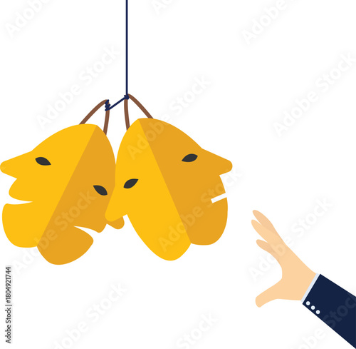 A businessman chooses a mask with emotions, showing miraculous transformation and skills to control his own mood, stock illustration

