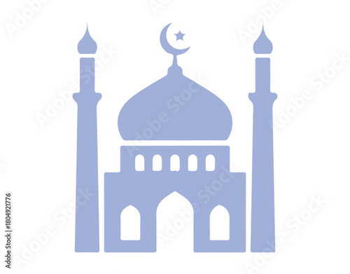 Minimalist flat symbol of a mosque, including dome and minaret, in vector format.