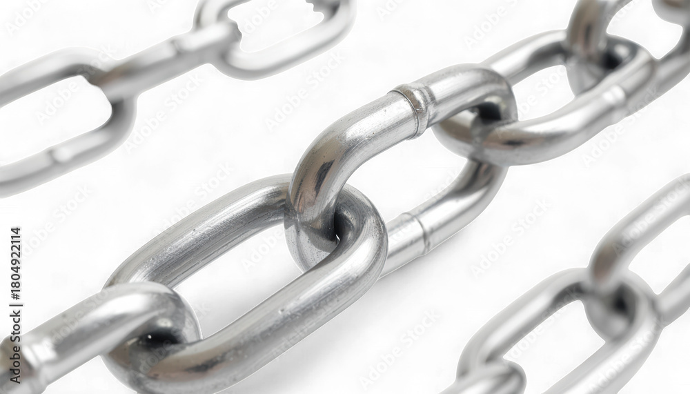 Fototapeta premium Two Interlocking Polished Titanium Chain Links. Hyper-Realistic 3D Connection and Link Symbol. Elegant Metal Strength Icon.