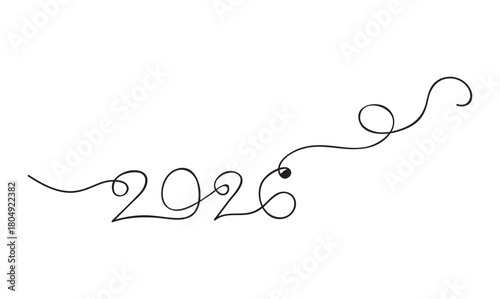 2026 New Year Continuous Line Drawing on White and Black. Continuous Line 2026 New Year Typography Art Minimalist Design