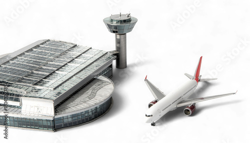 Modern Airport Terminal with Airplane and Control Tower. Hyper-Realistic 3D Travel and Transportation Scene. Elegant Aviation Icon.