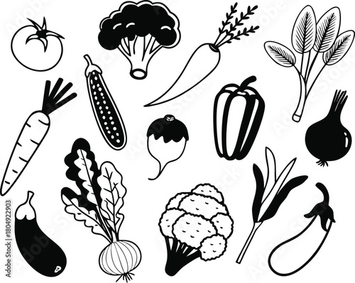 Hand drawn vegetable icon bundle featuring carrot tomato broccoli onion and more vector illustration