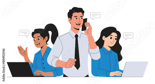 Female manager supervising male customer service agent. Office supervisor talking to employee with headset. Vector illustration of business colleagues, mentorship, and support team collaboration.