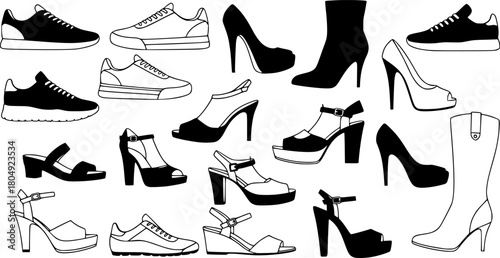 Collection of various shoe silhouettes in simple black style