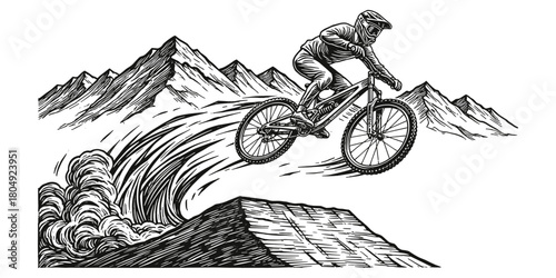 Mountain Biker Isolated Black And White Vector Illustration, Extreme MTB Downhill Illustration with Mountain Landscape, Vintage Linocut Artwork