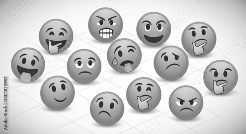 Colorful isometric emojis depicting various emotions on round faces