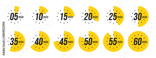 Minute timer, clock, stopwatch, Countdown timer, cooking time icon set. 5, 10, 15, 20, 25, 30, 35, 40, 45, 50, 55, 60 minute dial. Blue color isolated set, symbol. Vector illustration
