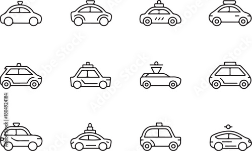 Automation both side car of vehicle transportation technology line art icon set. Flat black color editable line vector illustration