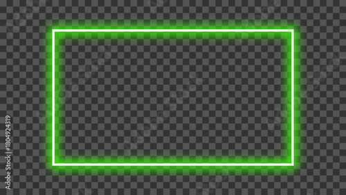Neon glowing green rectangular frame. Green banner light with realistic neon glow effect. Shining neon glow plate or panel isolated on transparent background. Vector illustration.