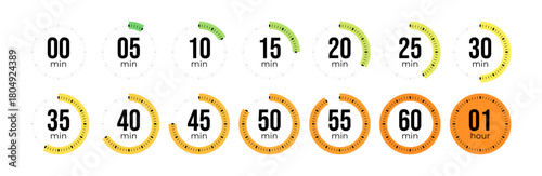 Minute timer, clock, stopwatch, Countdown timer, cooking time icon set. 0, 5, 10, 15, 20, 25, 30, 35, 40, 45, 50, 55, 60 minute dial. Colorful isolated set, symbol. Vector illustration