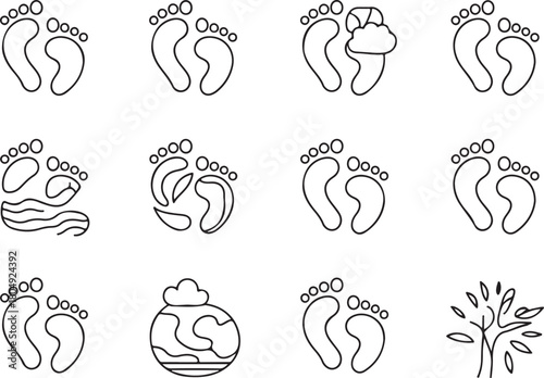 Cartoon footprint of climate change line art icon set. Flat black color editable line vector illustration