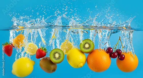 Fototapeta Naklejka Na Ścianę i Meble -  Fresh summer fruits falling into water with splashes of freshness