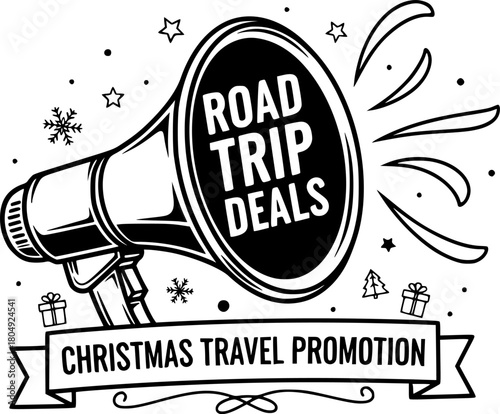 Holiday megaphone announcing road trip deals for christmas travel promotion

