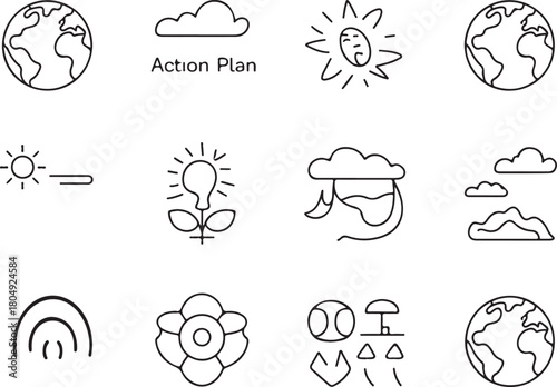 Climate action plan of weather change line art icon set. Flat black color editable line vector illustration